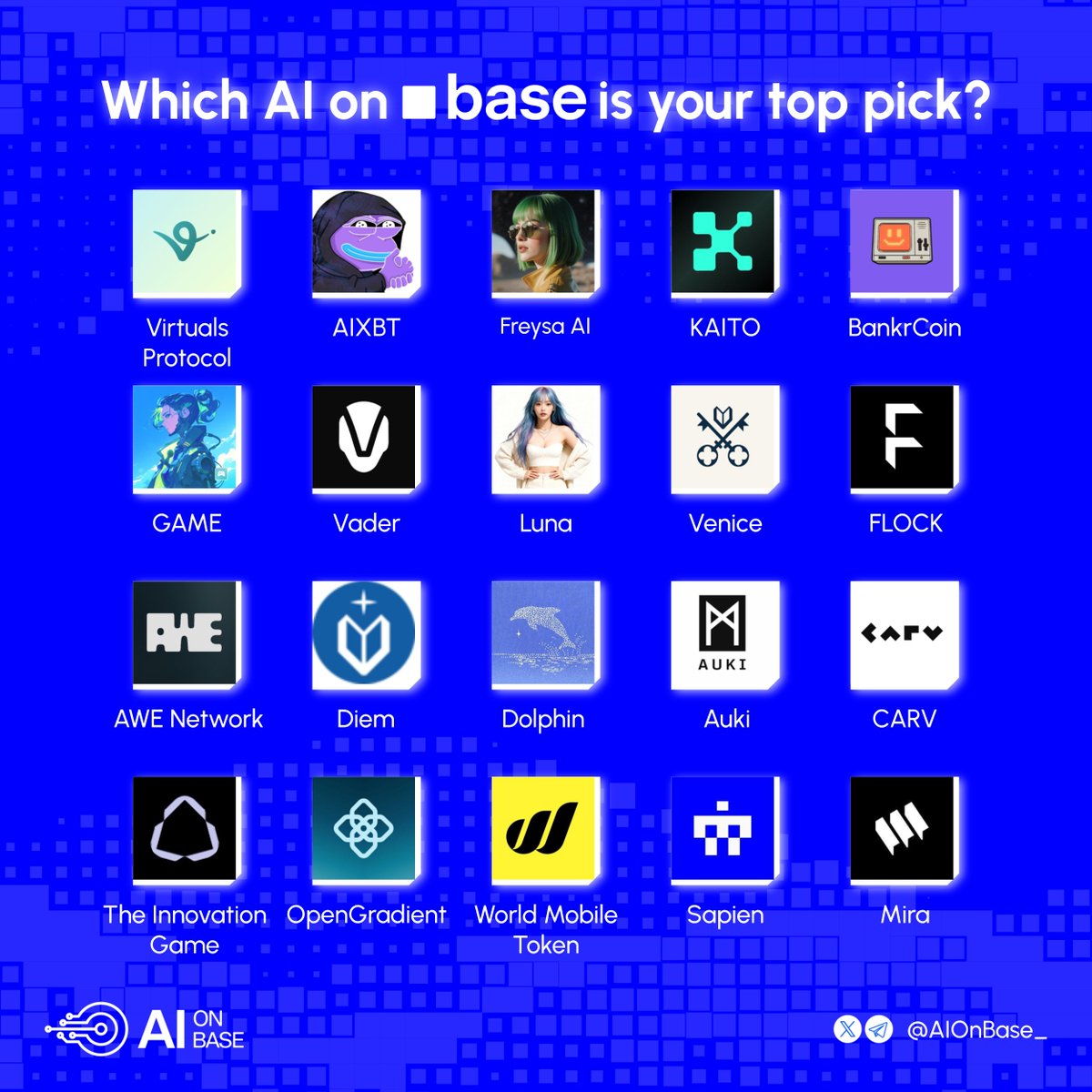 AIonBase_'s tweet photo. Which AI Agent on @Base are you most bullish on? 🤖💎 https://t.co/8vaBZbxLmi