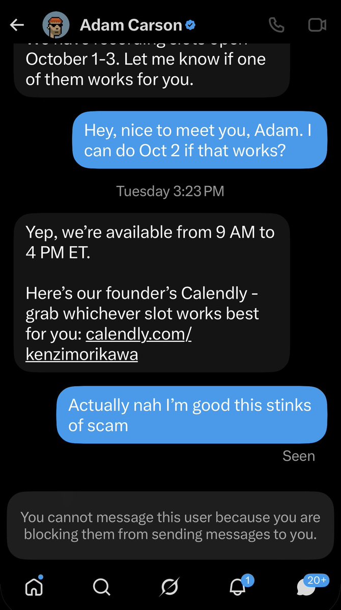 _seacasa's tweet photo. Public service announcement:
I wasn’t going to post this at first, but the more i sat with it the more I felt this would be too heavy on my conscience to not have let mfers know and then find out someone got drained by this bozo.

We’ve all heard of the reporters from Forbes or other noteworthy publications that seem legit and end up sending a drainer zoom link for an “interview”, etc. 

This one almost caught me because 1) he’s followed by a bunch of people i hold in high regard, 2) he seemed to know specifically the general vibes with what I’ve been working on with $BAYLA / @JungleBayAC, 3) his company seemed legit, and 4) his account shows as active since 2010.

But mfers forget people get wrecked here over time and some sell their accounts. This is likely the case here. The scammer POS is @punk4307.

(This is the only scenario where I’d share DM’s).