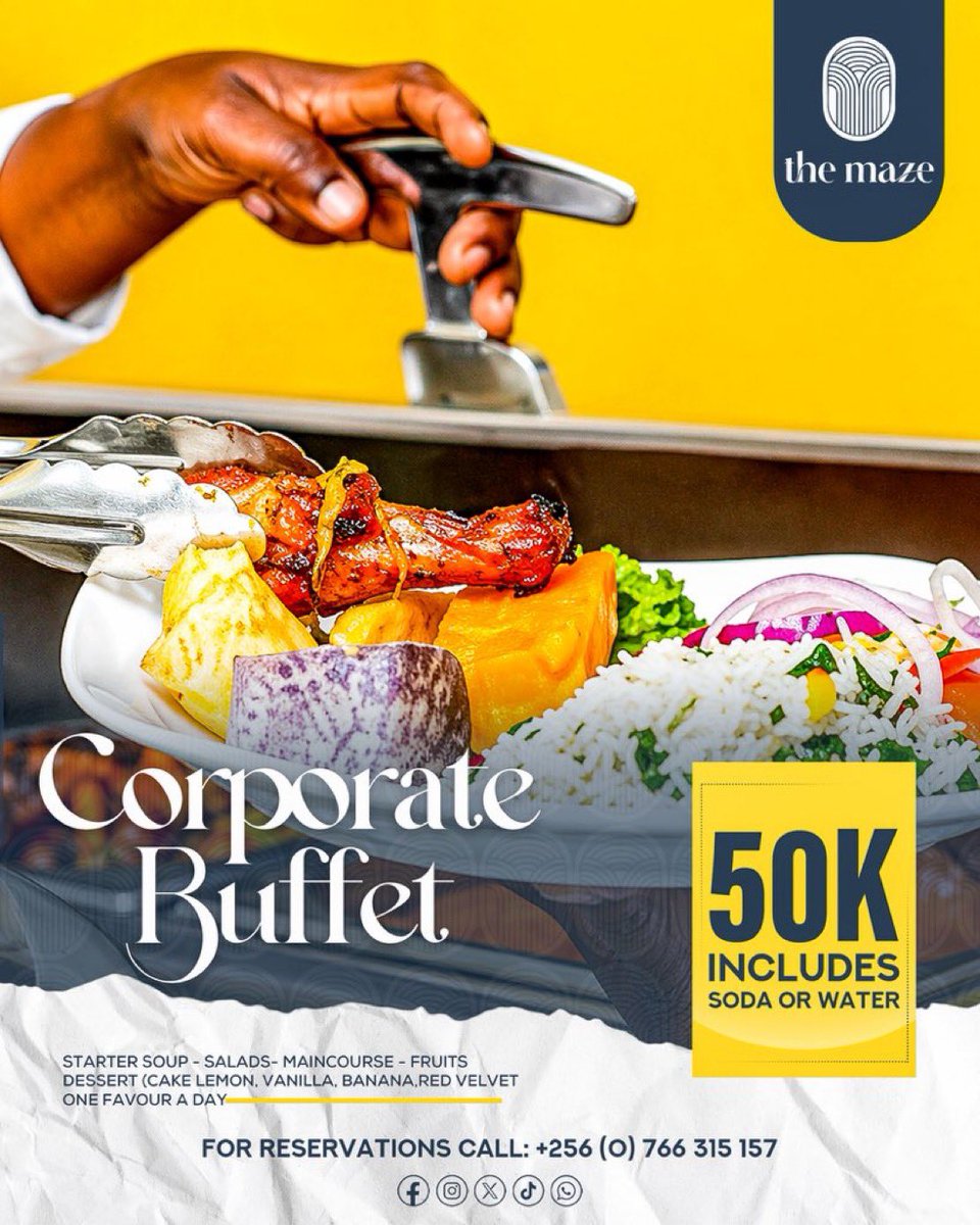 badgal_Ree_ree's tweet photo. Upgrade your lunch with the Corporate Buffet at The Maze this week🍽️
Monday to Friday⚡️
50K only for a full buffet + drink
For bookings call; 256 766 315 157
#TheMazeUg #KampalaEats #BuffetDeal #LunchInKampala https://t.co/nk7VrCG0OX