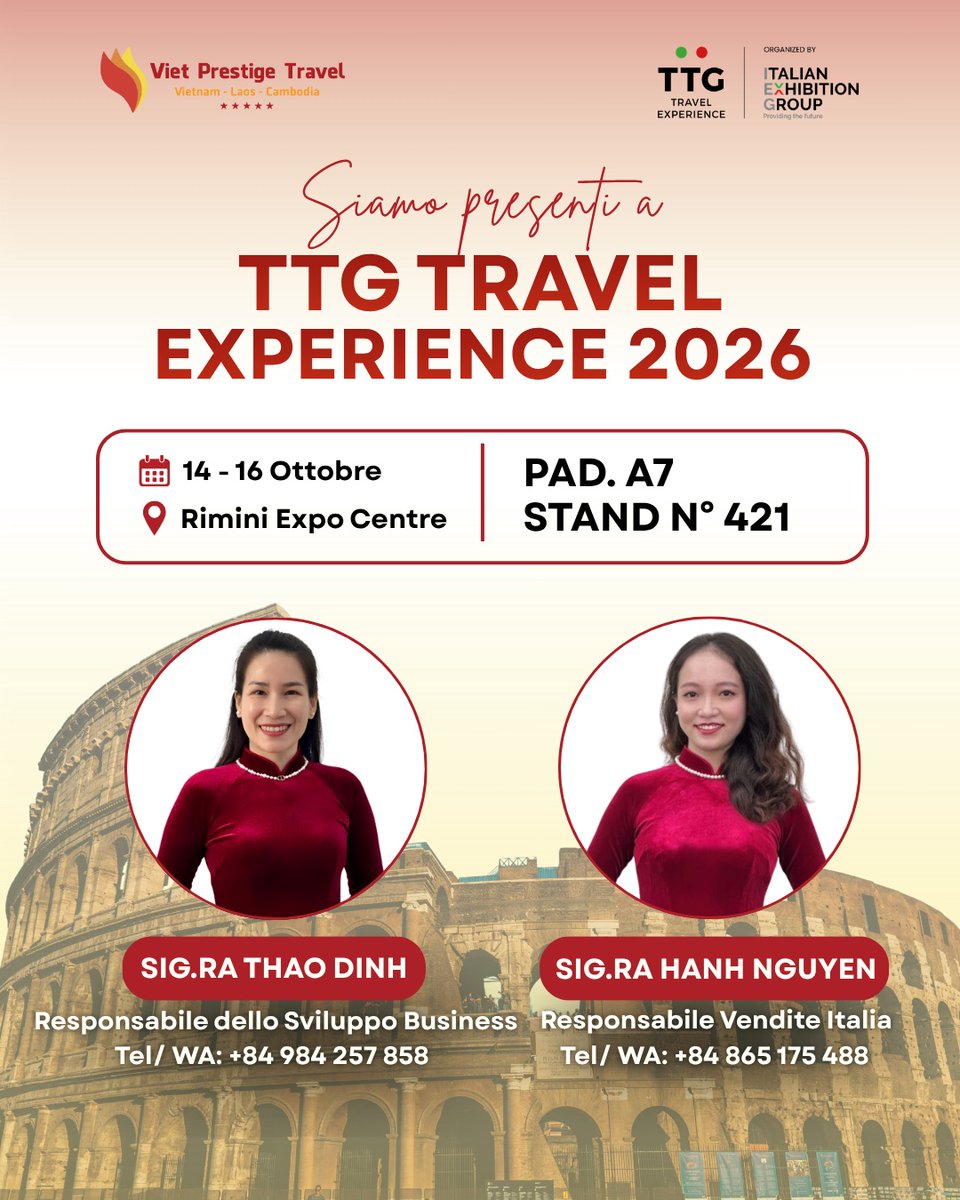 adrianabacilioj's tweet photo. Incontrate Viet Prestige Travel al TTG Travel Experience 2026 a Rimini, dal 14 al 16 ottobre. Pad. A7, Stand 421. Scopriamo insieme nuove opportunità per viaggi su misura nel Sud-est asiatico. https://t.co/JOmLBADjqO
