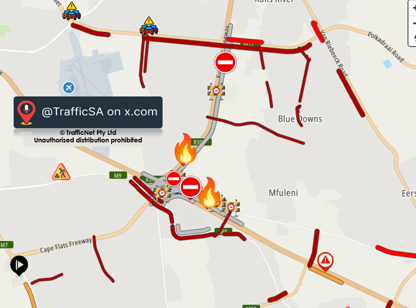 TrafficSA's tweet photo. Cape Town - #Protesting at Khayelitsha / Delft (Latest)
N2 Outbound: CLOSED 
R300 Southbound: CLOSED https://t.co/m9BteOtGPY