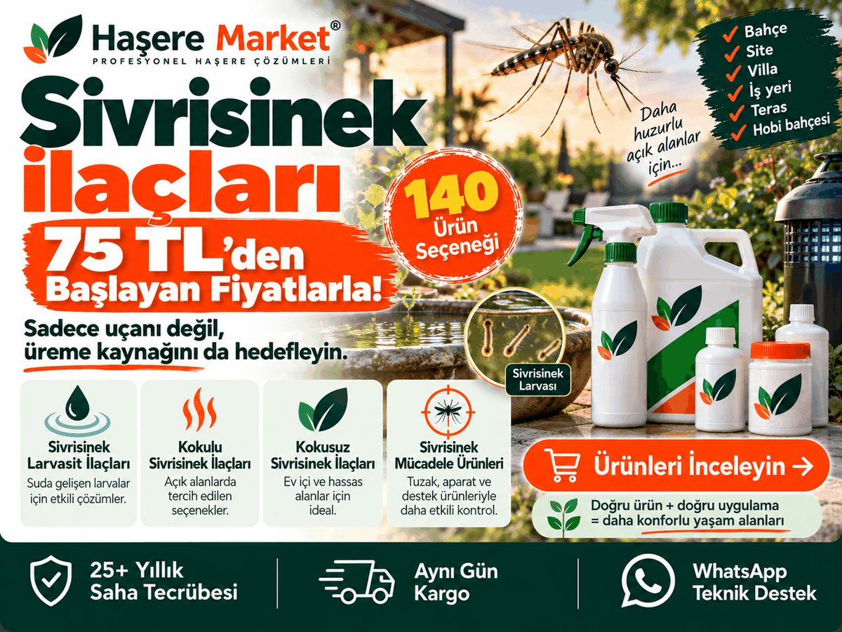 haseremarket's tweet photo. 🦟 SİVRİSİNEK ÜRÜNLERİ 75 TL’DEN BAŞLIYOR!

“Bahçede sivrisinek çok, ne kullanmalıyım?”
“Larvasit mi, kokulu mu, kokusuz mu?”
“İlaçlıyorum ama neden tekrar geliyor?”

Sivrisinek mücadelesinde tek ürün her işi yapmaz.

💧 Su birikintileri için larvasit
🔥 Açık alan için kokulu seçenekler
🌿 Farklı kullanım alanları için kokusuz ürünler
🎯 Tuzak ve mücadele yardımcıları

🛒 140 ürün seçeneği
💰 75 TL’den başlayan fiyatlar
📦 Aynı gün kargo
💬 WhatsApp teknik destek

⚠️ Uçan ergini azaltmak başka, üreme kaynağını kontrol etmek başka.

👉 İhtiyacınıza uygun ürünü seçin:
https://t.co/TFPL766uHM

#Sivrisinek #Sivrisinekİlacı #HaşereMarket

Google'da Haşere Market
https://t.co/727pe0CwUW
