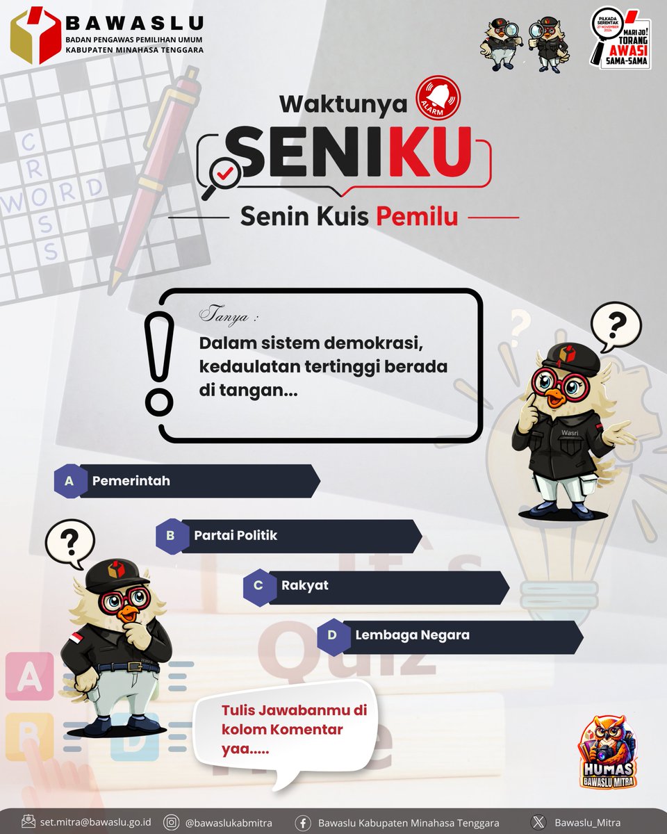 Bawaslu_mitra's tweet photo. Hallo Sahabat #Bawaslu,.

Waktunya SENIKU, Senin Kuis
Yuk tebak Jawaban kuis berikut ini..

Jawabannya tulis di kolom komentar ya Sahabat!

#MarijoTorangAwasiSamaSama https://t.co/znyIXGXzfq