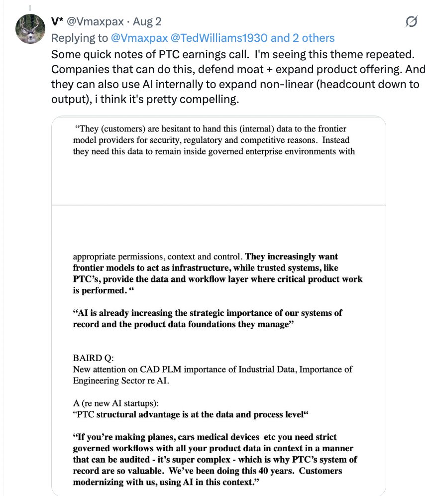Vmaxpax's tweet photo. 🔥🔥 Boom! Bittersweet another name taken out on the cheap tho;)
WallSt post comments show people still confused
$PTC = AGENTIC COMPANY
CEO said they're TAKING MARKET SHARE FROM SIEMENS. At least someone other than me listened
#I4 #SoR #DigitalThread #DigitalTwin #AIAdopters https://t.co/Ud8aAXbhmt