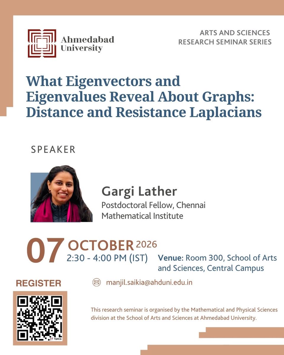 ahmedabad's tweet photo. Join us for the next talk in the Arts and Sciences Research Seminar Series:

What Eigenvectors and Eigenvalues Reveal About Graphs: Distance and Resistance Laplacians
 
Register here: https://t.co/8ufEAUVlNp https://t.co/V5nz9WjPkr