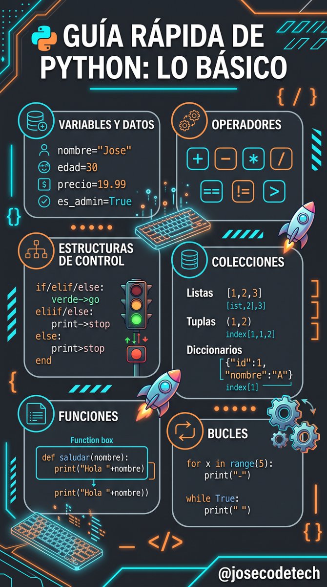 josecodetech's tweet photo. Guía rápida para los que empezáis con Python! 🐍
He resumido lo esencial (variables, estructuras, bucles y funciones) en esta "chuleta" visual. Perfecta para consultarla mientras seguís mi curso gratuito de YouTube. 💻🚀
📌 Guárdala : 👉 https://t.co/DonDB1Dsuv
#Python https://t.co/Edfrg7GVZw
