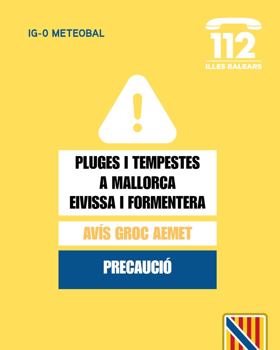 Emergencies_112's tweet photo. ⚠️ Actualització de les alertes del Pla #Meteobal per meteorologia adversa ⛈️

🟡 Activada l’alerta groga (IG-0 del Pla Meteobal) per pluges i tempestes ⛈️ a Mallorca, Eivissa i Formentera.

🟢 Menorca, sense alertes.

🙏🏻 Vos demanam molta precaució durant les pròximes hores. Seguiu els nostres consells d’autoprotecció i telefonau a l'112 en cas d’emergència. 📞

💭 Podeu seguir els avisos per hores al canal oficial d'@AEMET_Baleares:
➡️https://t.co/EPxqpyYPdJ