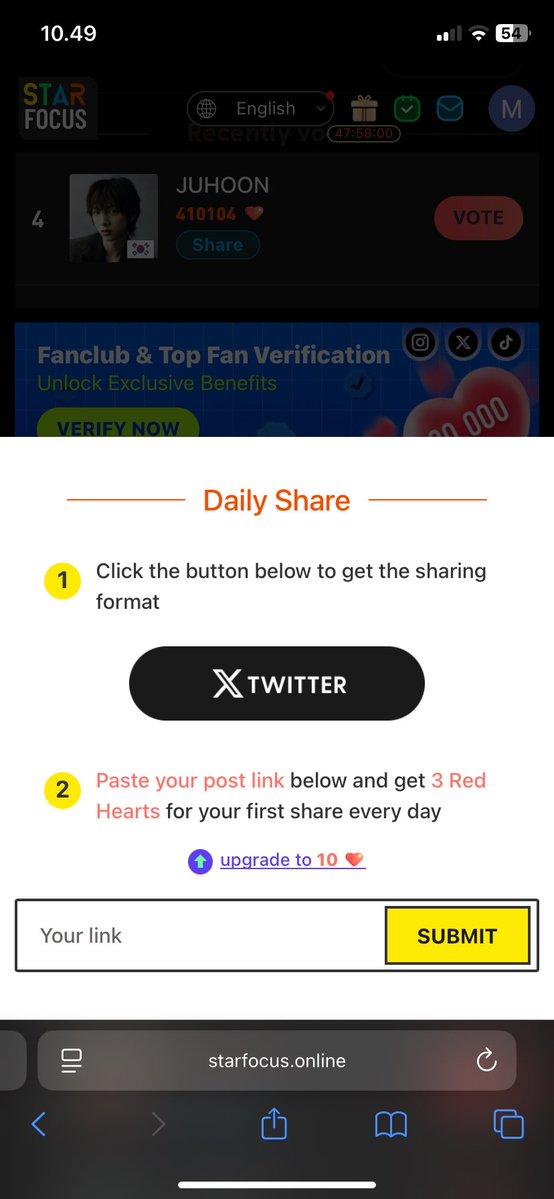 juhoonwink's tweet photo. #JUHOON is nominated for Star Focus Top Artist in Asia Pacific — October Chart 🗳️
🖇️ https://t.co/wgP1VNFSUI

⏱️ October 1 – 15 (GMT+7)

🎯 GOAL : 1st – 3rd place
       *the top 3 artists will receive LED ads, with diff levels of promotion.

📣 CURRENT RANK : #4

💬 HOW TO VOTE
       you need to collect as many hearts (♥️) as possible to vote.

⁉️ HOW TO COLLECT HEARTS
　– open the Rookie Box
　– Daily First Share
　– complete all Level Missions

📱 SOCIAL MEDIA PROGRAM
       if you have more than 500 followers on social media platforms such as X, IG, or TikTok, you can join their program and earn up to 4,000 hearts by completing all the requirements! ( check it here https://t.co/9EgDp2Tr9l )

Let’s get our jju into the top 3! 🫶🏻💗