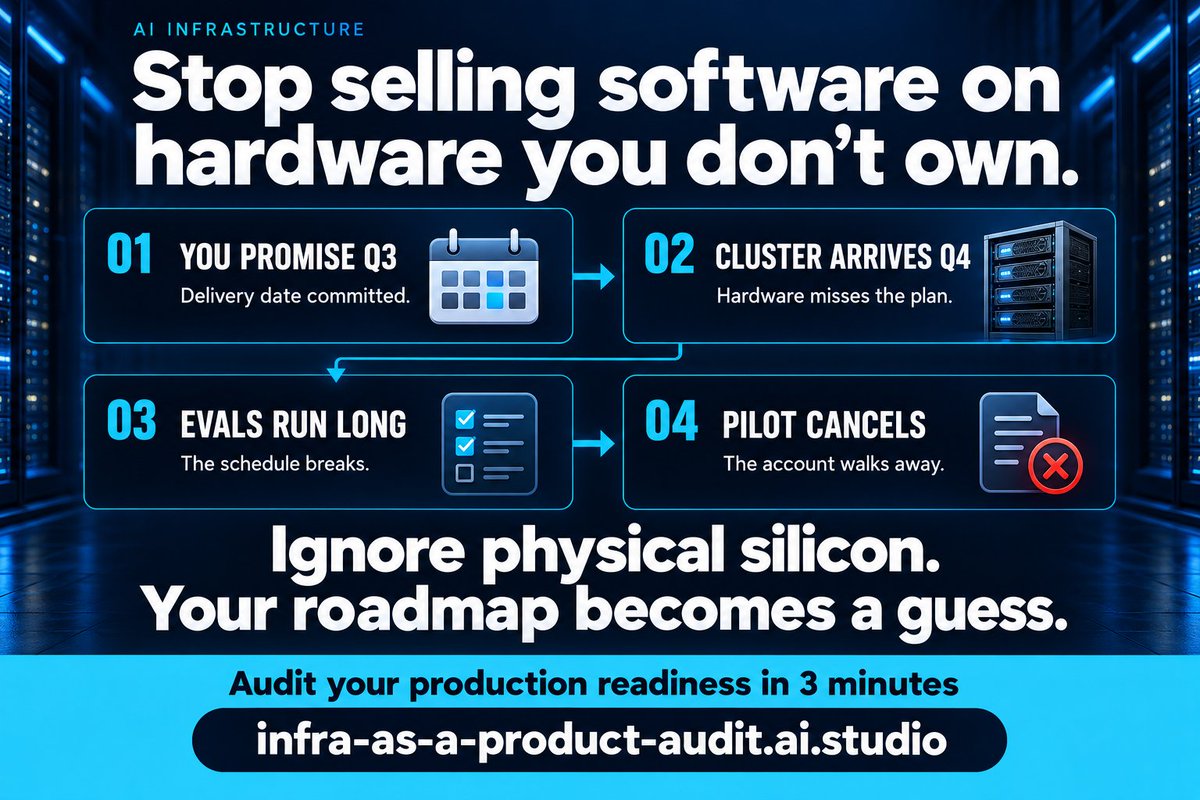 lrmorley's tweet photo. Stop selling software on hardware you don’t own. Every delayed AI launch hits the exact same wall:
You promise delivery in Q3.
Your cluster arrives in Q4.
Your evals blow up the schedule.

Your pilot cancels. If your roadmap ignores physical silicon, it’s not an engineering plan. It’s a guess. 
Audit your real production readiness in 3 minutes: