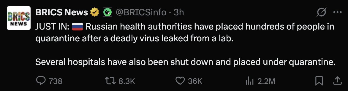 aravind's tweet photo. I said coming years. Not this year. So I guess this won't be that Plandemic :)

But the news is true. Russia has placed 200+ close contacts of a virus research facility lab tech under quarantine after she died of pneumonia.

IMO, Russia will take care. No need to worry. https://t.co/zxQjsi8R7T