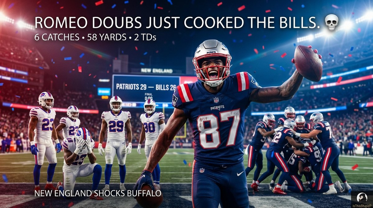 MercatodoAdm's tweet photo. ROMEO DOUBS JUST COOKED THE BILLS. 💀

6 catches. 58 yards. 2 TDs.

And New England just shocked Buffalo. 😭

https://t.co/uhZ2BYbEa1

#NFL #Patriots #RomeoDoubs https://t.co/WH6dRzWhm7