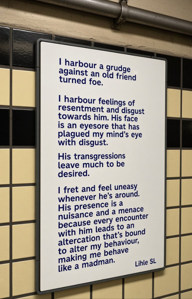 LihleSL's tweet photo. We all have that one person. The friend who became a stranger, then an enemy. 🥀
I harbour a grudge against an old friend turned foe.
Read the full poem below. Have you ever cut someone off completely? 👇
#poetry #poetrycommunity #writingcommunity #grudge #prose https://t.co/9Z4V5kUHir