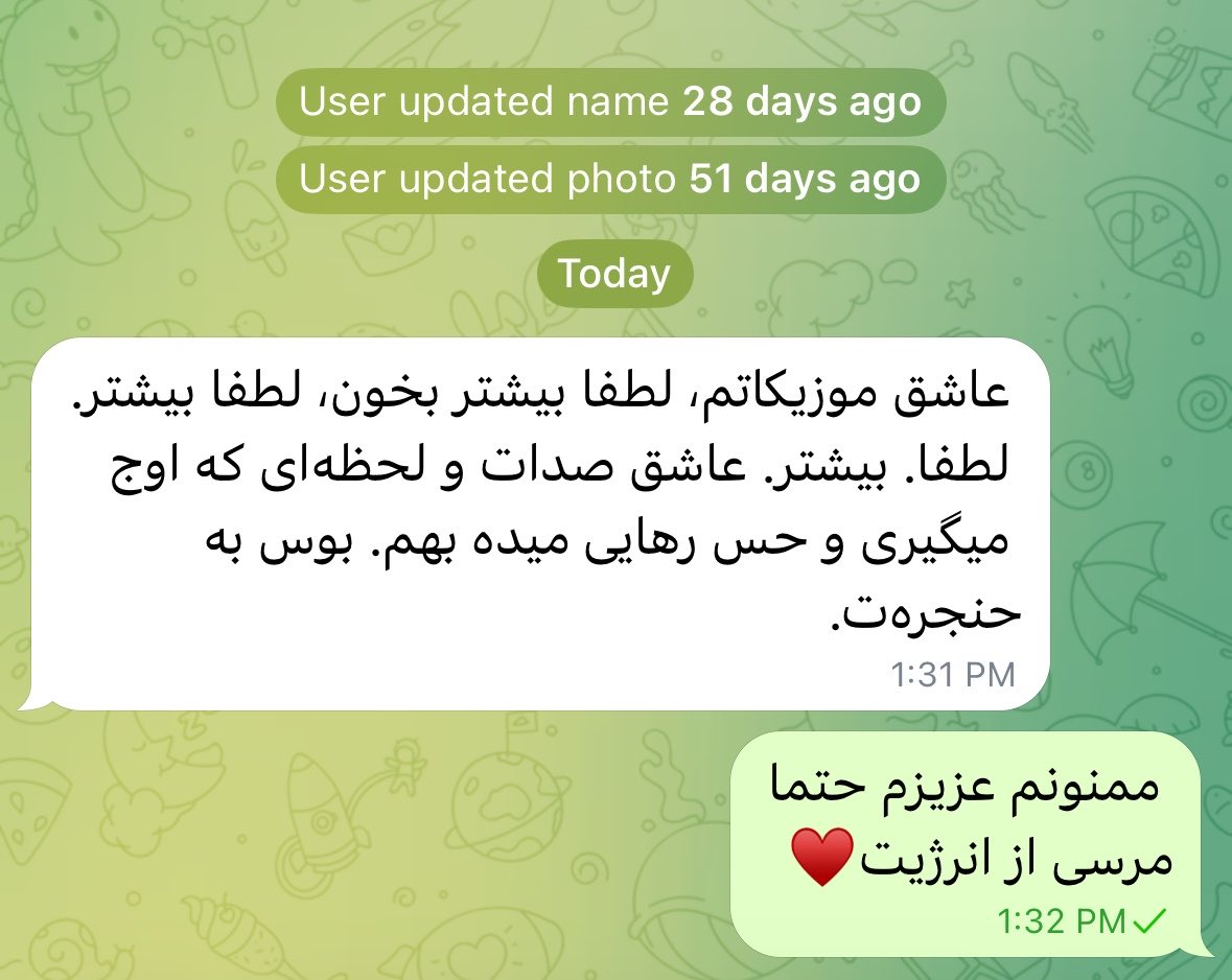 Sorrybahar's tweet photo. این پیامای رندومی که تو تلگرام بهم میدین؛
روزمو میسازه واقعا💗💗💗💗💗💗💗 https://t.co/CcgnUmMLFa