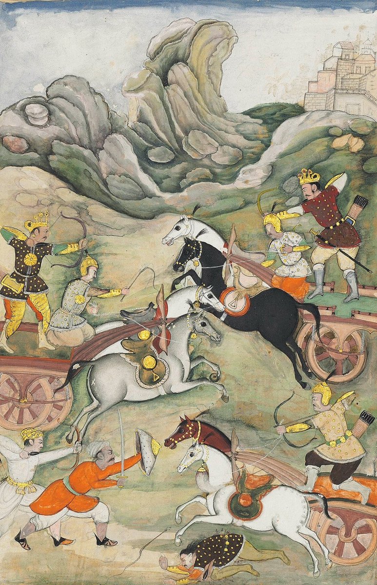 _Shaambhavi's tweet photo. A folio from the 1598 razmnama the battle of Dhristadyumna with Aswatthama https://t.co/OtPAjWQifU