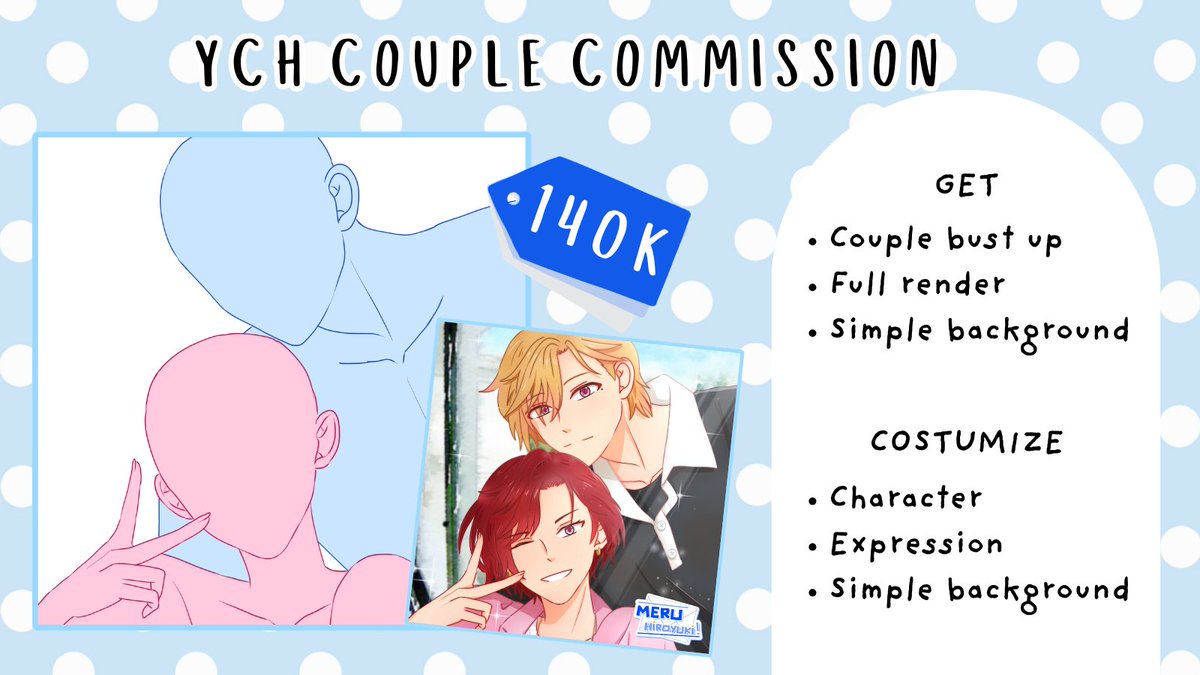 hiroyuki_meru's tweet photo. ⭐YCH COUPLE COMMISSION⭐

Halo halo~
Aku buka komis ych couple local only (🇮🇩) nih! 

Keterangan dan sample tertera di gambar. Kalau tertarik silakan DM and tag after DM, ya! 

Thank you~

#ychcommission #ychcouple #commissionopen #ychcouplecommission #zonauang https://t.co/5X9Mm80qet