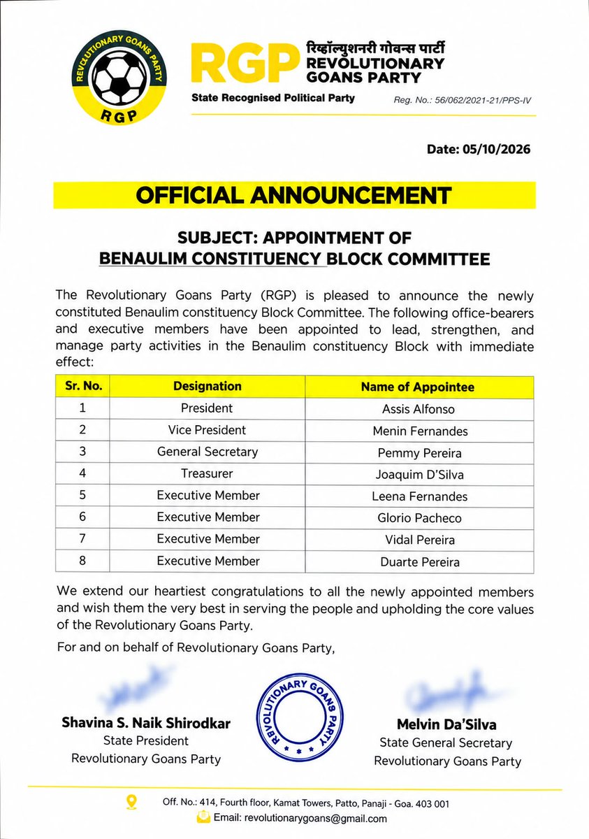 prudentgoa's tweet photo. RGP has announced newly constituted block committees for Priol, Marcaim, Benaulim, Sanguem and Canacona, appointing office-bearers and executive members to strengthen party activities in these constituencies.

#RGP #RevolutionaryGoansParty #GoaPolitics #Priol #Marcaim #Benaulim https://t.co/4if6VrisqL