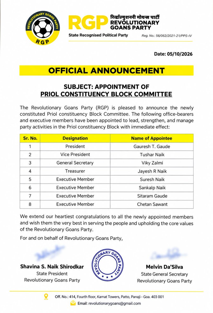 prudentgoa's tweet photo. RGP has announced newly constituted block committees for Priol, Marcaim, Benaulim, Sanguem and Canacona, appointing office-bearers and executive members to strengthen party activities in these constituencies.

#RGP #RevolutionaryGoansParty #GoaPolitics #Priol #Marcaim #Benaulim https://t.co/4if6VrisqL