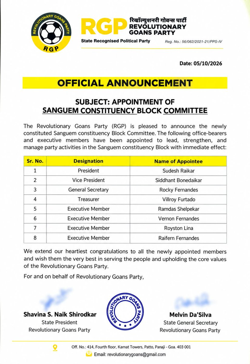 prudentgoa's tweet photo. RGP has announced newly constituted block committees for Priol, Marcaim, Benaulim, Sanguem and Canacona, appointing office-bearers and executive members to strengthen party activities in these constituencies.

#RGP #RevolutionaryGoansParty #GoaPolitics #Priol #Marcaim #Benaulim https://t.co/4if6VrisqL