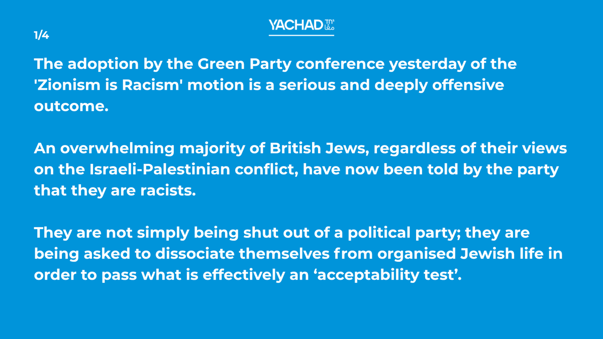 YachadUK's tweet photo. Our Statement on the Green Party passing the motion 'Zionism is Racism' 

https://t.co/QQ32X3gDpY https://t.co/AKqm57Qjc5