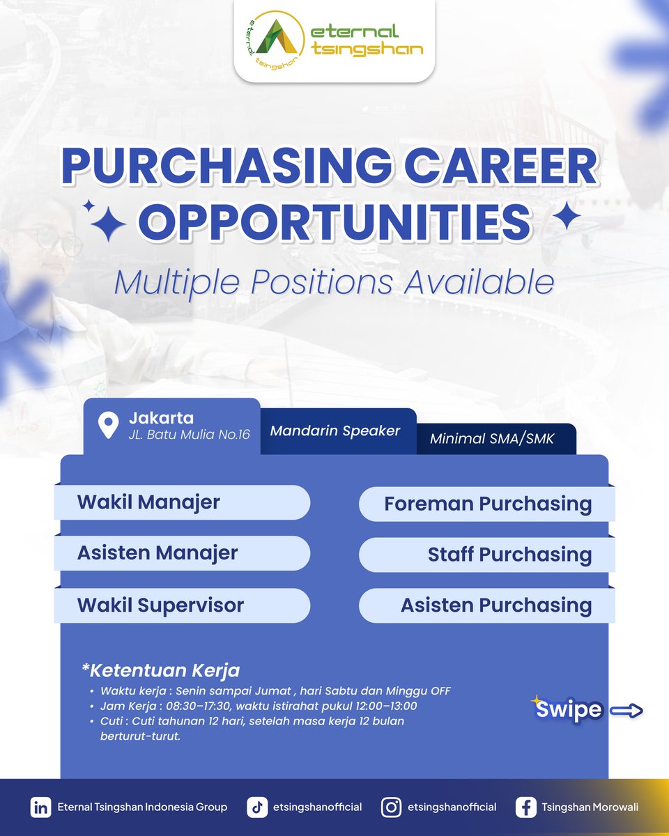 TsingshanGroup1's tweet photo. 📢 Open Recruitment – Purchasing Career Opportunities

Punya kemampuan Bahasa Mandarin dan tertarik membangun karier di bidang Purchasing? Yuk, bergabung bersama Eternal Tsingshan Indonesia! ✨

📍 Penempatan: Jakarta
📲 Scan QR Code pada poster untuk melamar https://t.co/leV3ww5AED