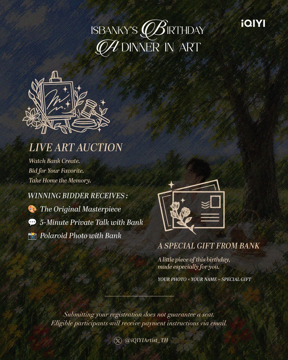 iQIYIArtist_TH's tweet photo. Where every line becomes a memory, and every dinner becomes a story. 🌿🎨

Come celebrate a special night with Banky at
ISBANKY’S BIRTHDAY — A DINNER IN ART 🤍 @Bank_mondop 

📅 20 NOVEMBER 2026
✨ DRESS CODE: PICTURE WITH PRINCE BANKY

A special evening filled with dinner, art, music, and beautiful memories.
We can’t wait to celebrate this special day together. 🤍

🎟️ Register here: https://t.co/0AzufOpwwv

#ISBANKY
#ISBANKYBirthdayADinnerInArt
#iQIYIArtistTH