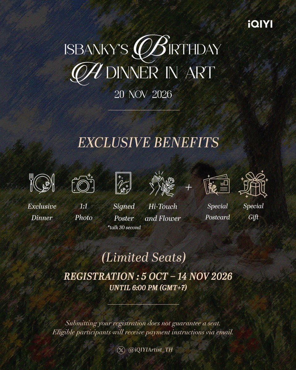 iQIYIArtist_TH's tweet photo. Where every line becomes a memory, and every dinner becomes a story. 🌿🎨

Come celebrate a special night with Banky at
ISBANKY’S BIRTHDAY — A DINNER IN ART 🤍 @Bank_mondop 

📅 20 NOVEMBER 2026
✨ DRESS CODE: PICTURE WITH PRINCE BANKY

A special evening filled with dinner, art, music, and beautiful memories.
We can’t wait to celebrate this special day together. 🤍

🎟️ Register here: https://t.co/0AzufOpwwv

#ISBANKY
#ISBANKYBirthdayADinnerInArt
#iQIYIArtistTH