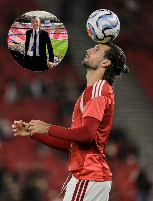 A footballer with long hair balances a soccer ball on his forehead while wearing a red jersey, with an inset photo of a man in a suit standing in a stadium. The image relates to a post referencing Shevchenko's praise of Szoboszlai ahead of the Ukraine vs. Hungary match, with hashtags "#LFC #UKRHUN" visible.