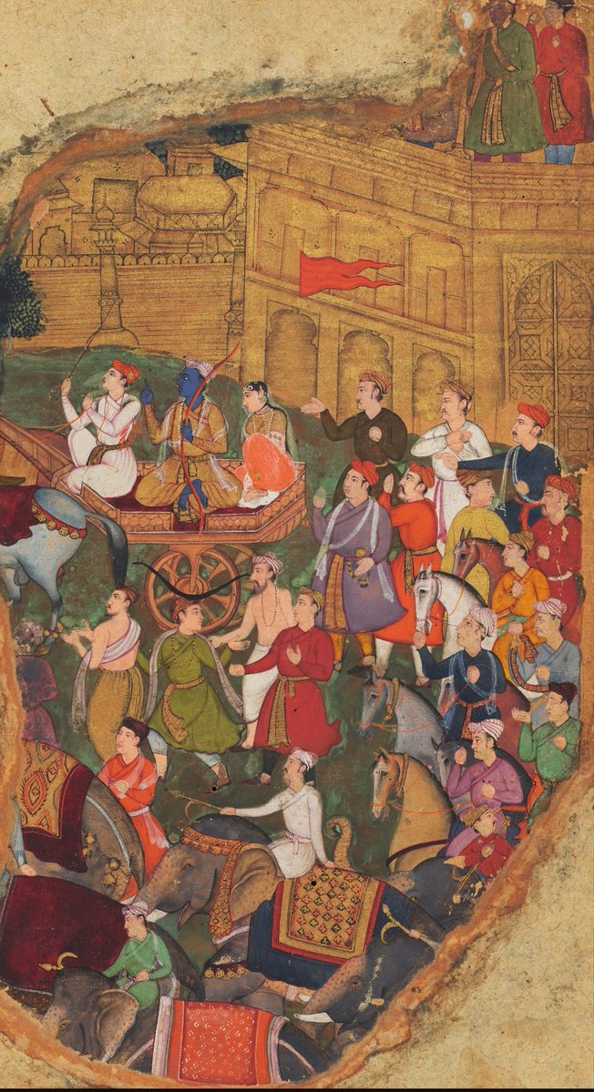 _Shaambhavi's tweet photo. Rama, Sita and Lakshmana leaving the palace of Ayodhya for exile. Provincial Mughal style, Orchha, c. 1605. National Museum, New Delhi https://t.co/eSxmI0aMHi