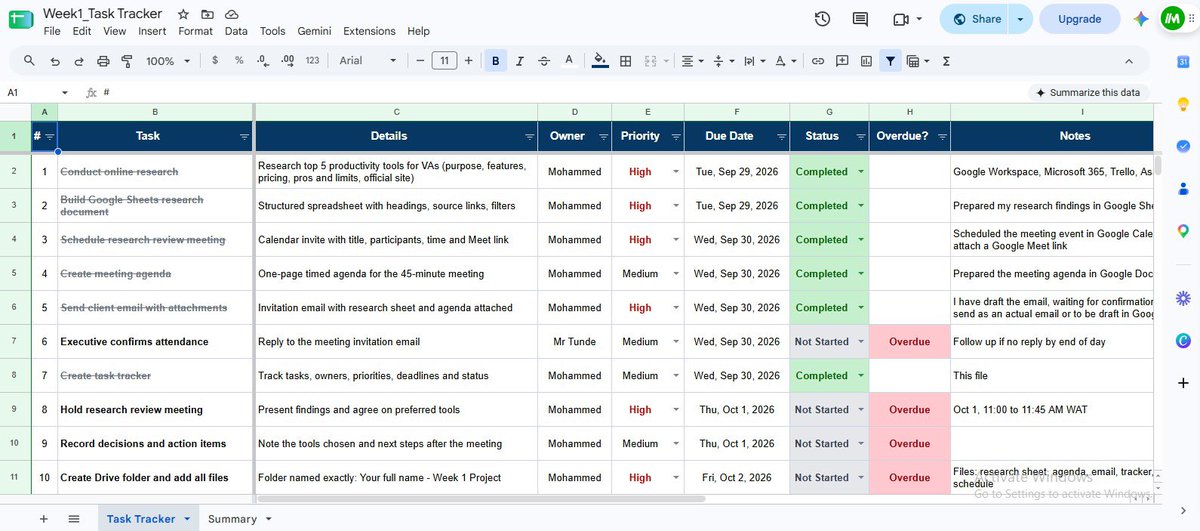 tunzzzyy's tweet photo. Week 1 of Project Builders: done, and I scored 93/100! π
Researched 5 VA productivity tools, built a Google Sheet, scheduled a meeting, wrote an agenda and client email, and set up a task tracker.
Week 2 loading πͺ
#VirtualAssistant #ProjectBuilders #RemoteWork https://t.co/5VgmkN0taP