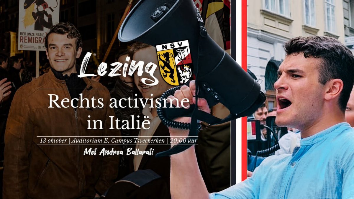 nsvnationaal's tweet photo. Op 13 oktober verwelkomen we in Gent niemand minder dan Andrea Ballarati (@ballaratiandrea), activist en een van de organisatoren en woordvoerders van het internationale Remigration Summit. Ballarati is afkomstig uit Italië en is de voorbije jaren actief geweest binnen verschillende identitaire en politieke activistische milieu. Hij is de stichter van Giovani Identitari (@g_identitari) en hij organiseerde ook de allereerste Remigration Summit (@RESUM26) in Milaan.

Tijdens zijn bezoek aan Gent zal hij vertellen over zijn ervaringen als politiek activist, de organisatie van internationale politieke evenementen en de moeilijkheden waarmee activistische bewegingen volgens hem vandaag worden geconfronteerd.

📍 Waar: Auditorium E, Campus Tweekerken, Gent
📅 Wanneer: 13 oktober
⌚️ Aanvang: 20:00 uur
