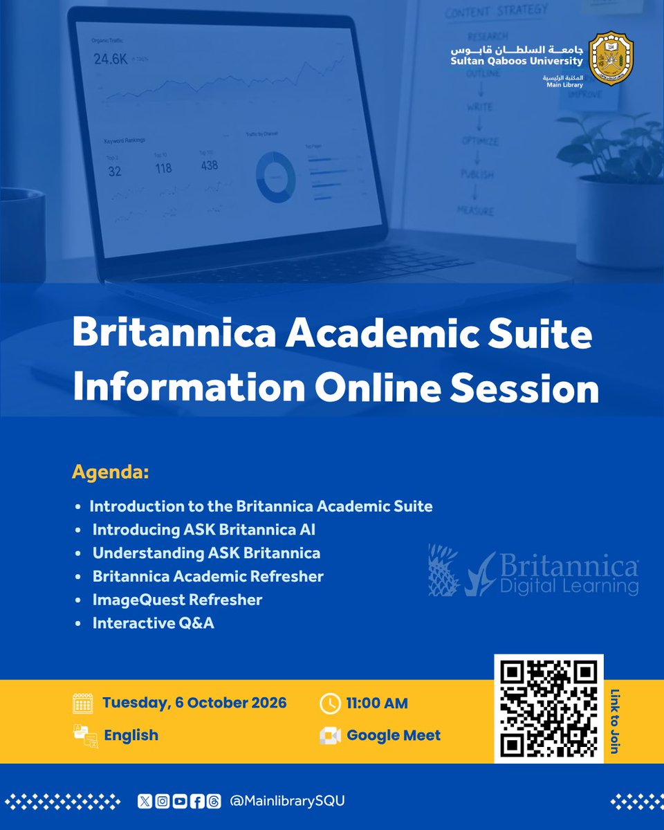 MainLibrarySQU's tweet photo. Join for an informative online session on Britannica Academic Suite and discover how to make the most of its resources and tools.

🔗 link to join:

https://t.co/CNQXjL0xdq https://t.co/Lpq8dM0yiN