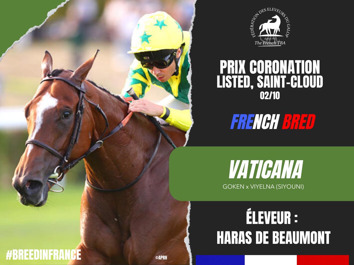 Fedeeleveurs's tweet photo. Félicitations au @HarasBeaumont pour la victoire de VATICANA, fille de #Goken, étalon du @HarasColleville , dans le Prix Coronation sur l'hippodrome de Saint-Cloud (02/10) ! 🎉
#vivelelevagefrancais #BreedInFrance #RaceAndCare https://t.co/72rgLQngxI