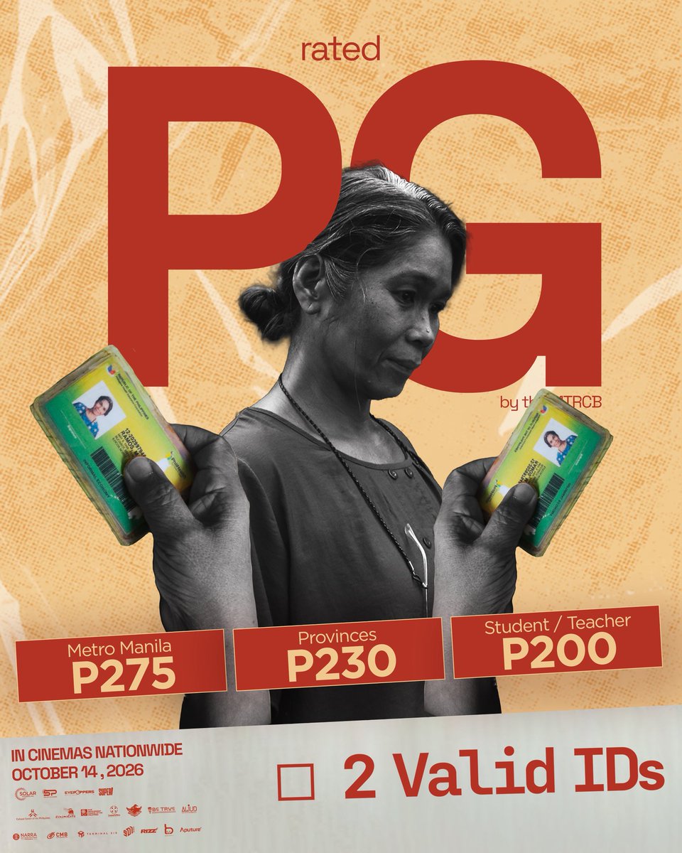 _super_ent's tweet photo. 2 VALID IDS IS RATED PG BY THE MTRCB!

With special ticket prices in cinemas nationwide!

Metro Manila - ₱275
Provinces - ₱230
Students and Teachers - ₱200

Starring Marietta 'Pokwang' Subong. October 14 in cinemas nationwide! https://t.co/6XvojbJzBi