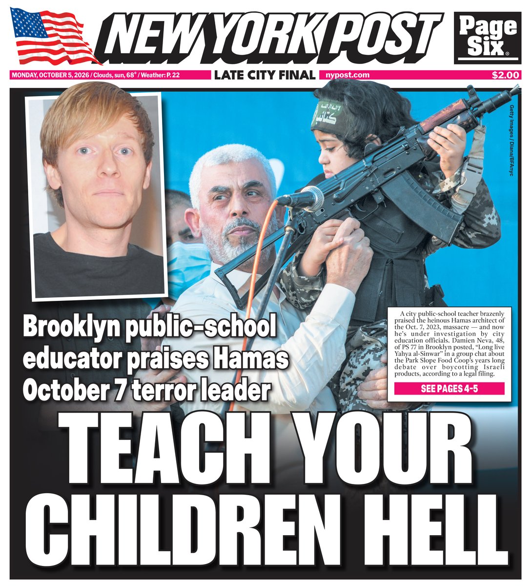 nypost's tweet photo. NYC teacher praised Oct. 7 mastermind in Park Slope Food Coop group chat, lawsuit says: ‘Long live Yahya Al-Sinwar’. Read today's cover here: https://t.co/i0KlJFpTyz https://t.co/72Cf9BFbrn