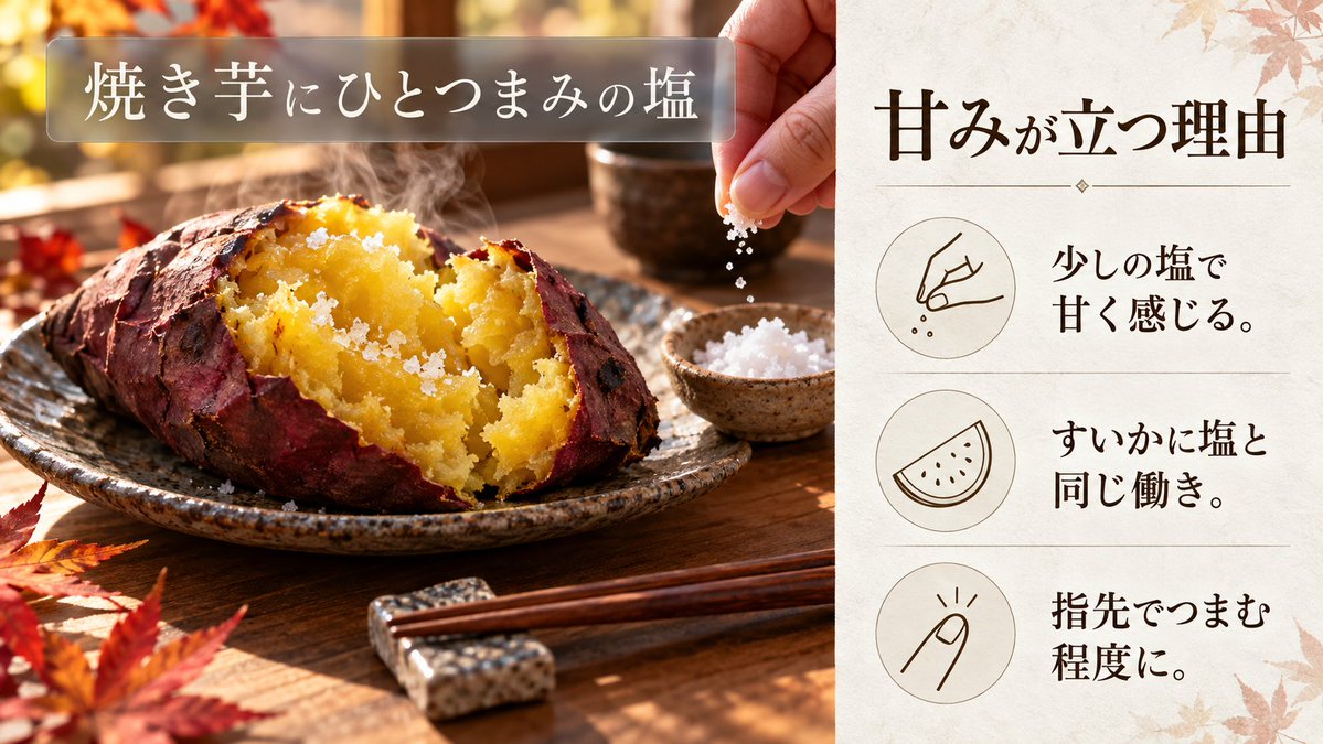 umami_labo's tweet photo. 焼き芋に、塩をほんのひとつまみ振ってみてください。

甘いものに少しだけ塩が加わると、甘みが強く感じられます。すいかに塩を振るのと同じで、味の対比と呼ばれる働きです。

振りすぎると塩気が勝つので、指先でつまむ程度で足ります。 https://t.co/4C9VLl0uDx