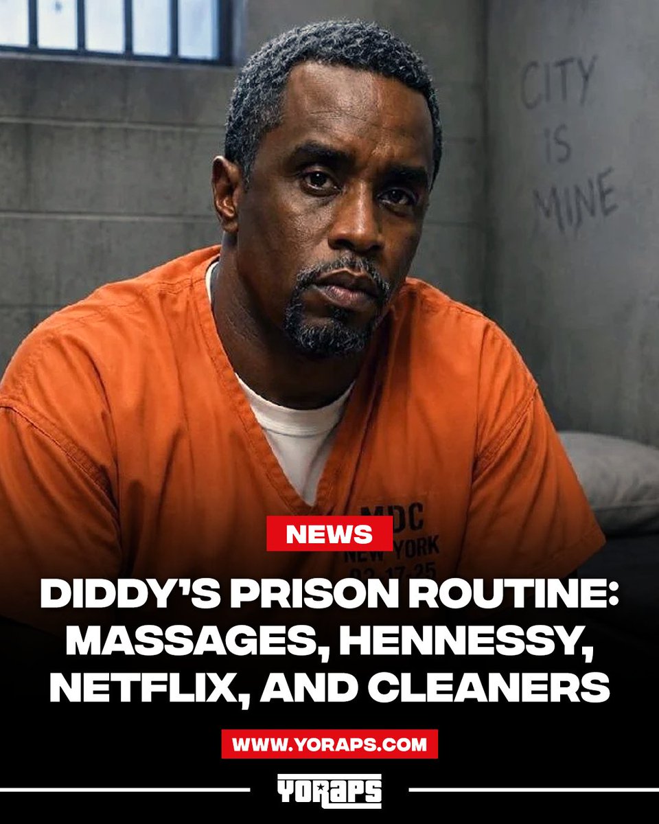 YoRapsMagazine's tweet photo. 🔥 #NEWS: #Diddy’s Prison Routine: Massages, #Hennessy, #Netflix, And Cleaners

According to several former co-detainees of #SeanCombs, the fallen #HipHop mogul is leading a life of relative comfort by prison standards.

Thoughts ⁉️

➡️ READ MORE: https://t.co/UJhbsWfVVO https://t.co/phH4e5Bzud