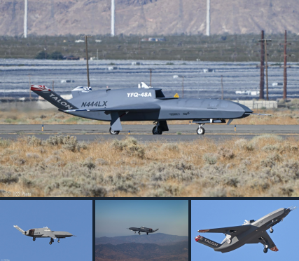 A YFQ-48A Phantom drone with registration N444LX displayed in multiple views - the main image shows it on a runway with mountains and wind turbines in the background.