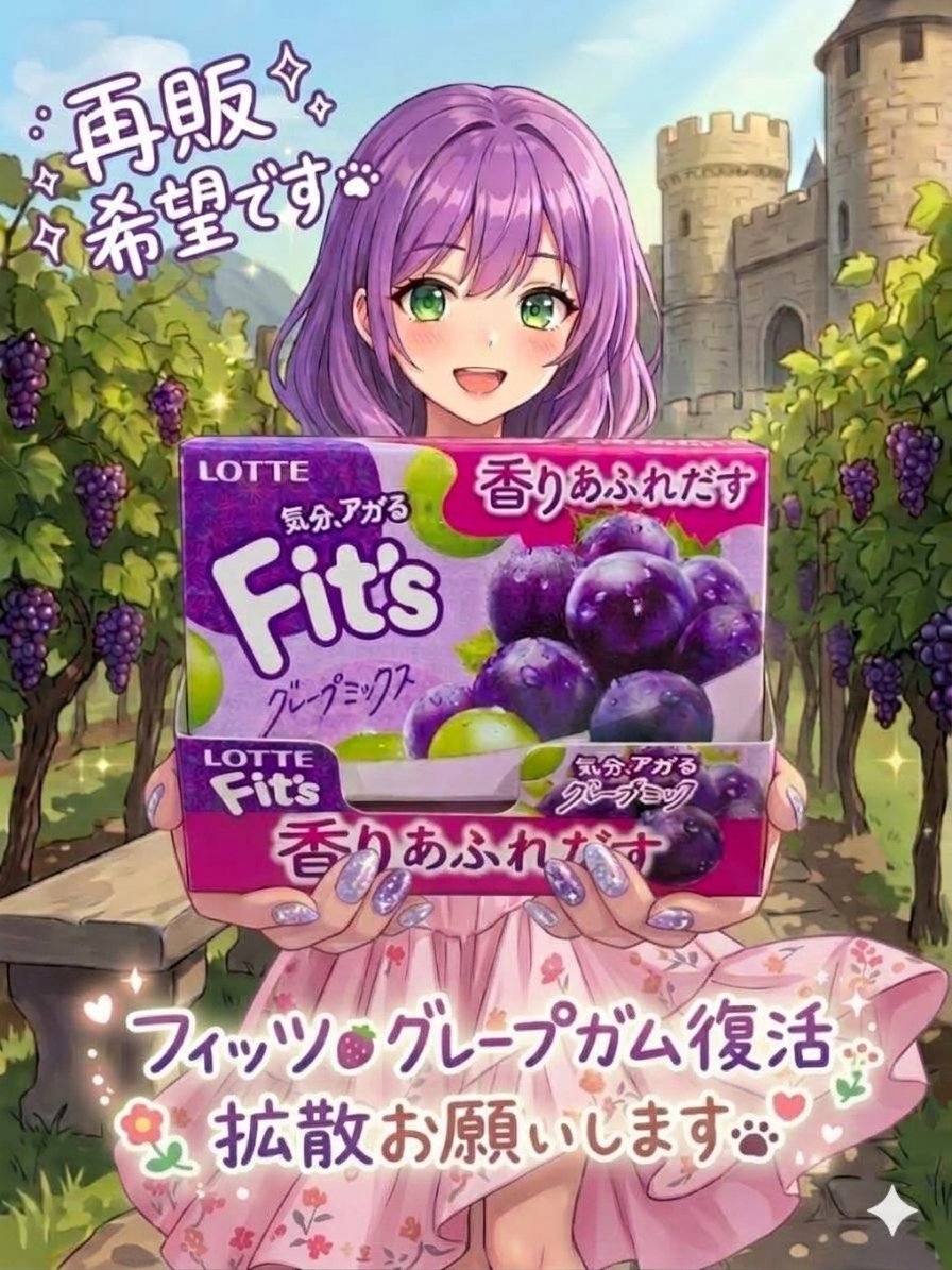 cjixkv's tweet photo. 【拡散希望】ロッテさんへ届け！🍇
昔大好きだった「Fit's グレープミックス」の販売復活を願っています！😭✨
1人の声じゃ小さくても、みんなでリポストすれば公式さんに届くかも！「また食べたい！」という方、ぜひ【リポスト・いいね】で応援お願いします！🙇‍♀️
@lotte_koala #Fits #ロッテ https://t.co/C7gbMRx51g