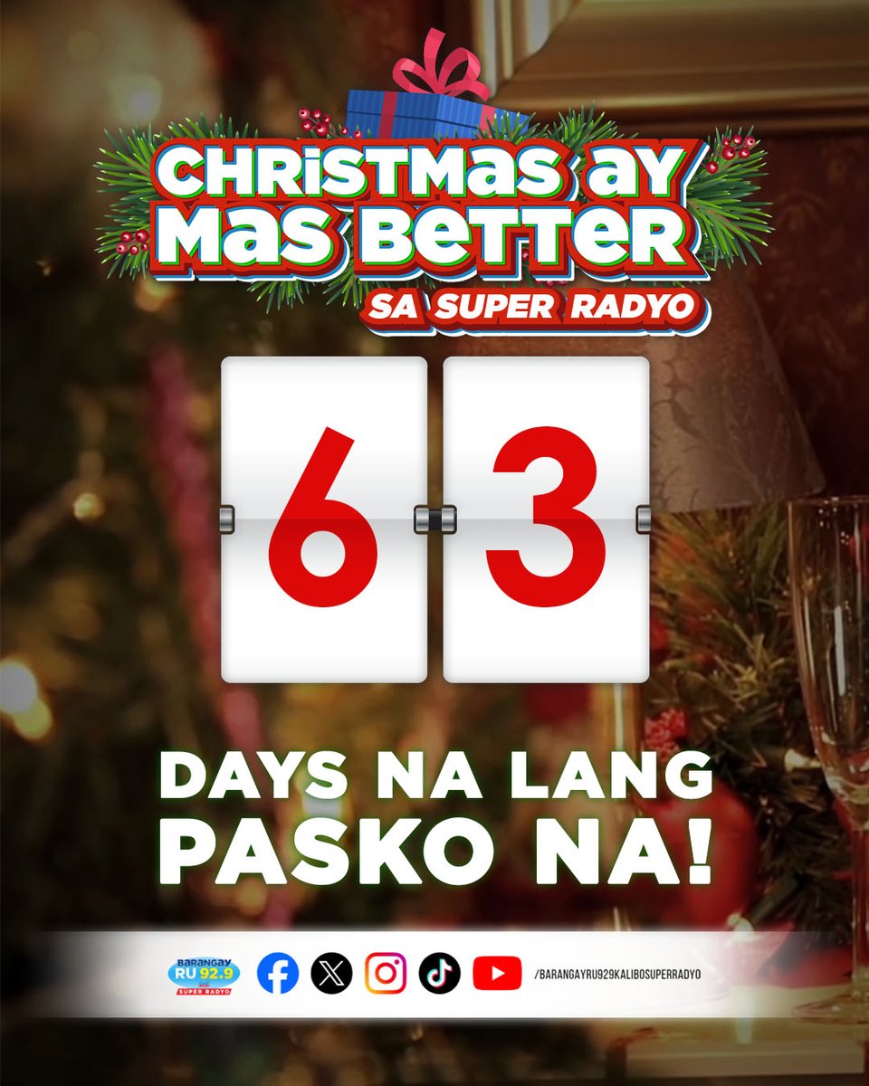 BarangayRU929's tweet photo. 🎄🎅 63 DAYS TO GO!

#63DaysToGo #ChristmasCountdown #GMASuperRadyoKalibo https://t.co/WmG5xkvLPZ