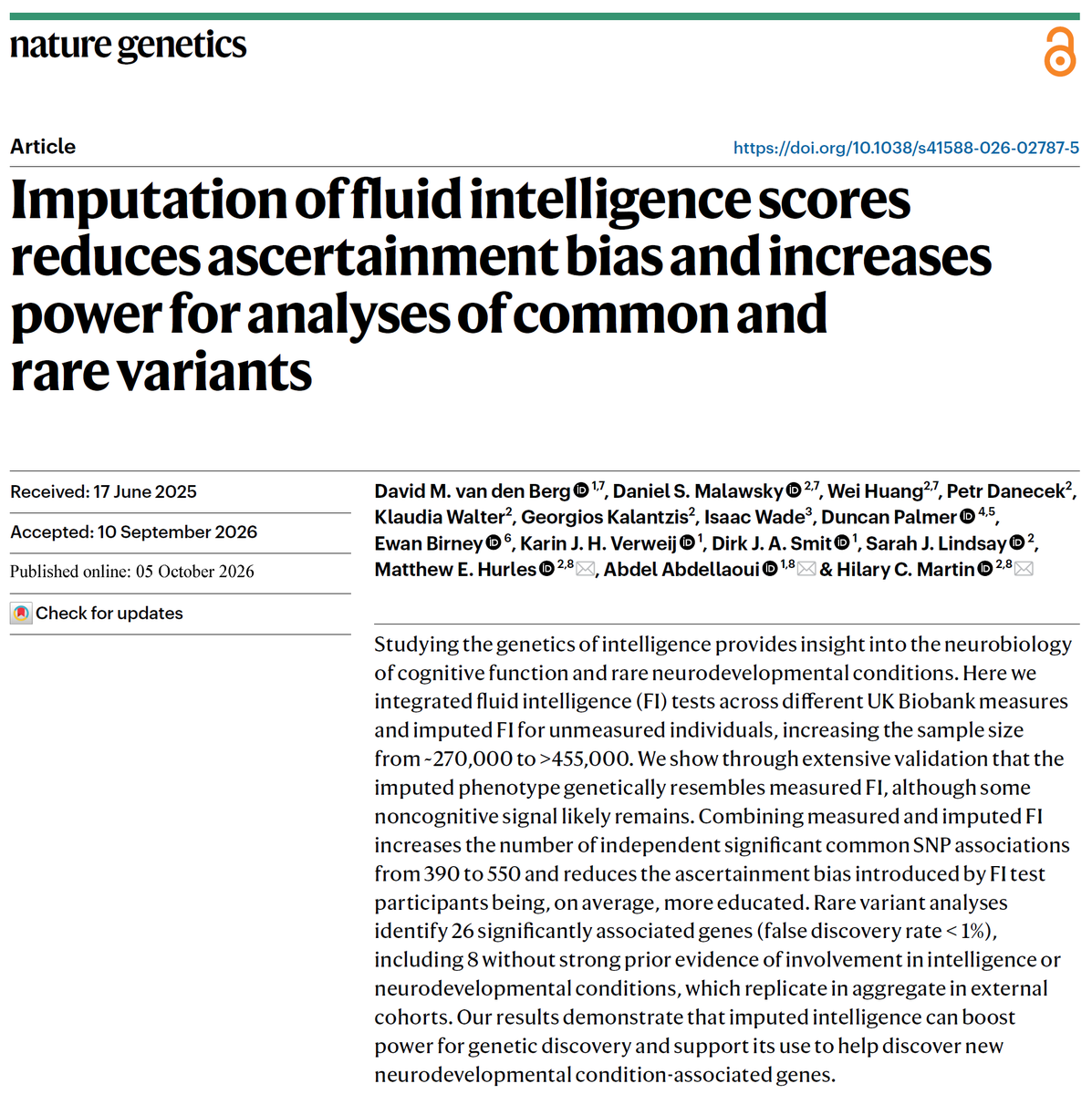 dr_appie's tweet photo. New collaboration between @sangerinstitute &amp; @amsterdamumc in @NatureGenet!

The largest study to date on the association between DNA &amp; intelligence.

We reduce ascertainment bias and boost power by imputing missing intelligence scores in @uk_biobank.

https://t.co/ukcDGNBC8B 👇🏽 https://t.co/MdLbYMVyAn