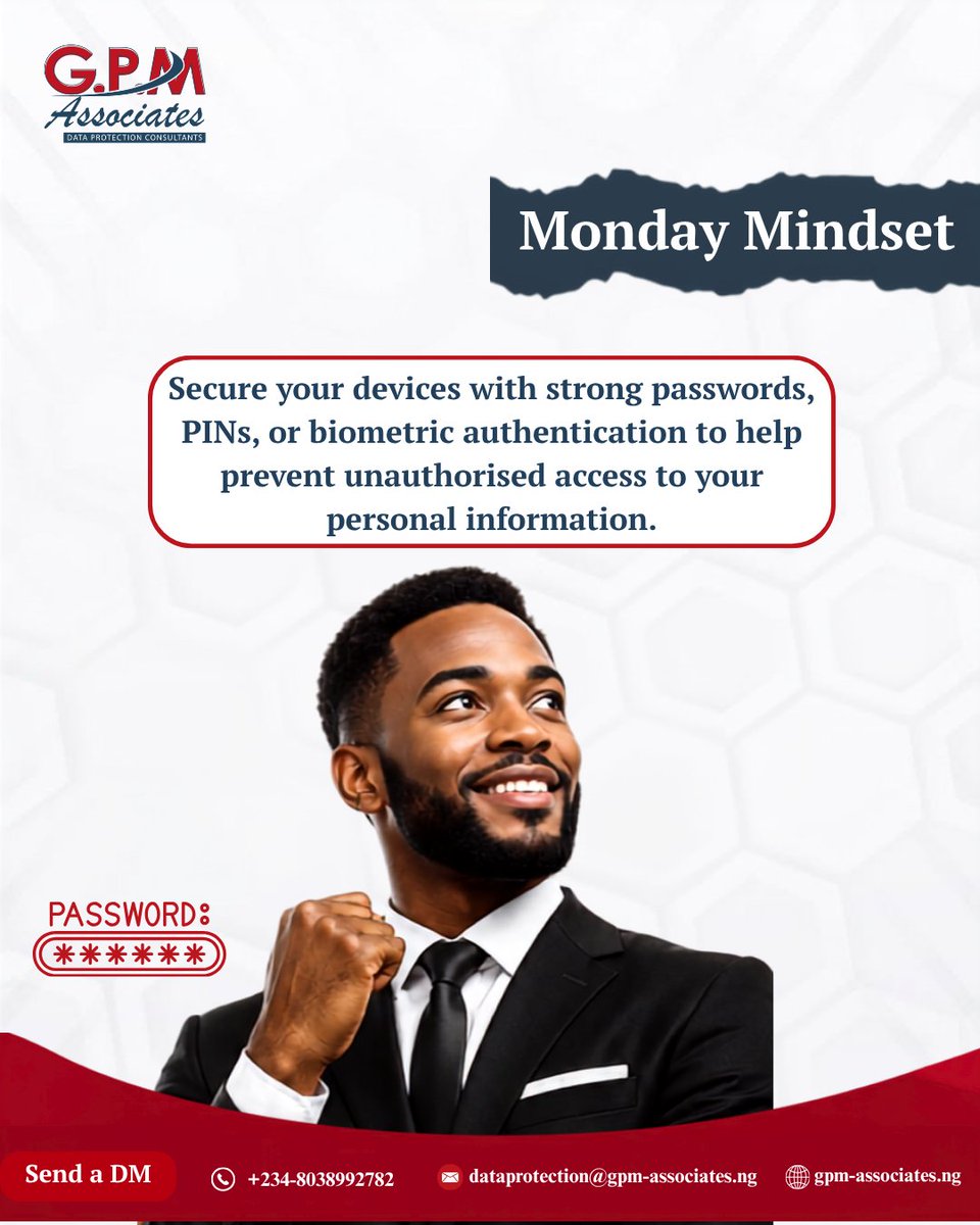 GPM_DataProtect's tweet photo. Your device holds sensitive personal and work data. Protect it! 🔐

Simple habits like strong passwords, PINs, and biometrics go a long way in keeping unauthorized access out.

Start the week with a privacy-first   #GPMAssociates #Cybersecurity #Dataprotection #Mondaymindset https://t.co/d15sgkFn3g