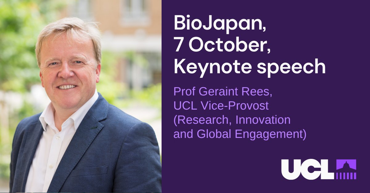 UCLEnterprise's tweet photo. On Wed 7 October, @profgeraintrees, UCL Vice-Provost (Research, Innovation and Global Engagement), will give a keynote at #BioJapan2026.

Prof Rees will talk about UCL and Japan's shared history, from the Chōshū Five onwards, and UK-Japan innovation links.

#UCLandJapan 2/2 https://t.co/VdjYNTtTEM