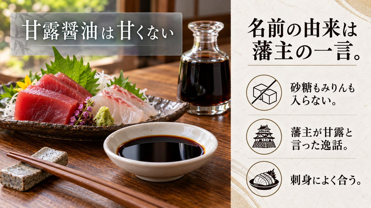 umami_labo's tweet photo. 甘露醤油は、甘い醤油ではありません。

砂糖もみりんも入っていません。江戸時代、柳井の醤油をなめた岩国藩主が「甘露、甘露」と言ったと伝わり、その言葉が名前になりました。

甘くないのに、なぜそう言わせたのか。造り方と、刺身に合う理由を記事にまとめました↓ https://t.co/luZkYDcNwx