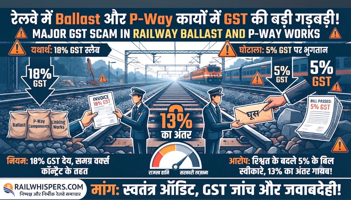 Railwhispers's tweet photo. 1/7
रेलवे के बुनियादी ढांचे से जुड़े एक बड़े व्हिसलब्लोअर इनपुट ने टेंडर और बिलिंग प्रक्रियाओं पर गंभीर प्रश्न खड़े किए हैं। #Ballast और #PWay के कार्यों में 18% #GST लागू होने के बावजूद कथित तौर पर 5% के बिल स्वीकार किए गए। इस वित्तीय अनियमितता को गहराई से समझें।👇@RailMinIndia https://t.co/3nGYQ8021c
