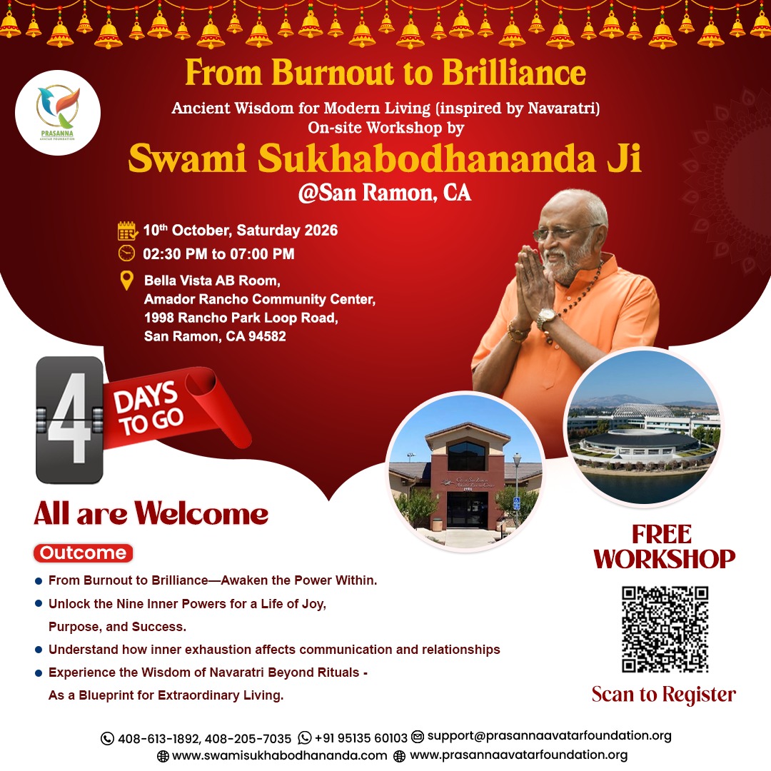 Prasanna_Trust's tweet photo. Only 4 days to go: SAN RAMON FREE WORKSHOP: 
Let us celebrate the spirit of Navaratri by awakening the strength, wisdom, and brilliance within us.

📍 EVENT DETAILS
🗓️ Date: Saturday, 10th October 2026
⏰ Time: 2:30 PM – 7:00 PM

🎟️ Entry: FREE

#SanRamon #Workshop #Burnout https://t.co/n3Cu9PruJr