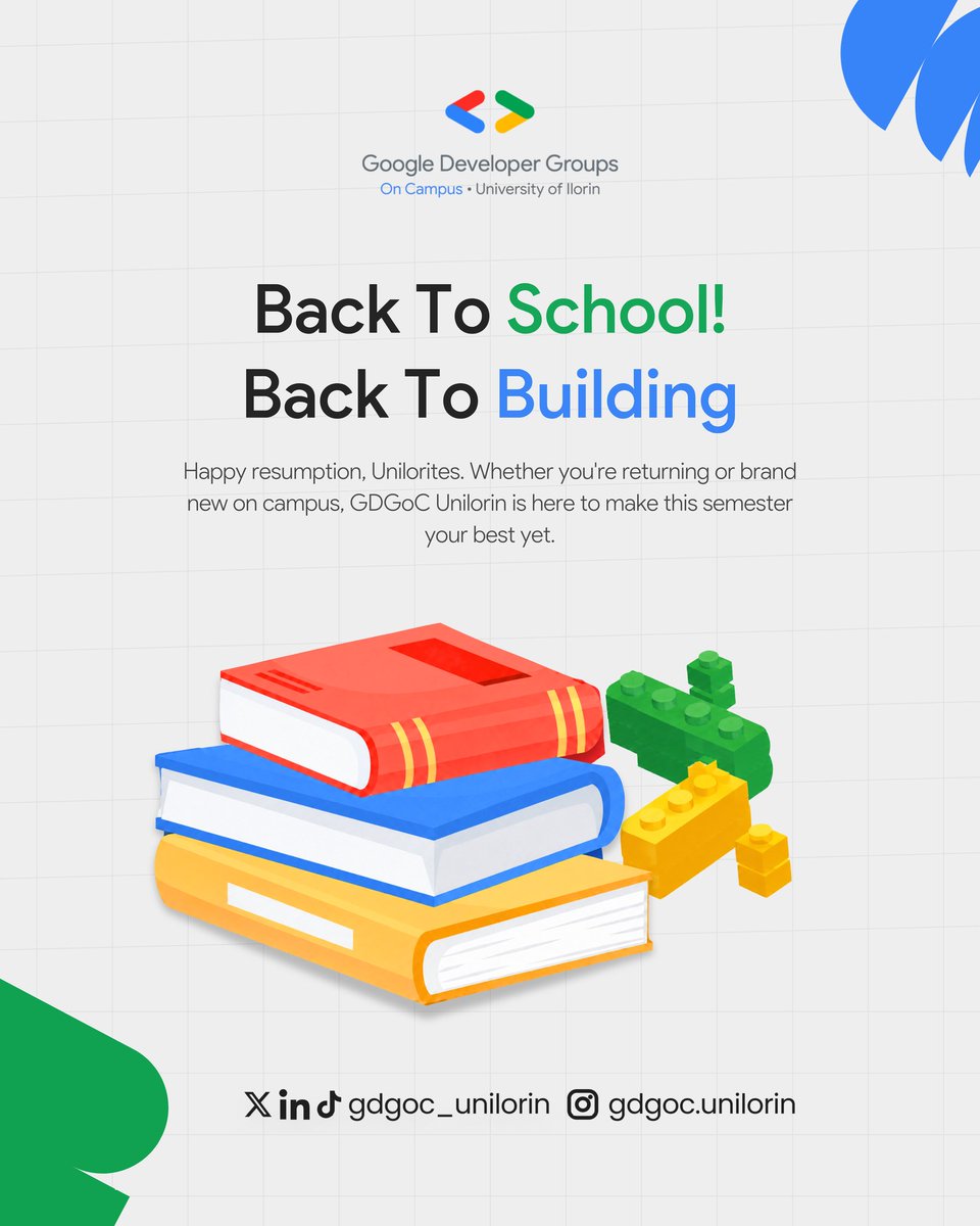 gdgoc_unilorin's tweet photo. It's resumption, Unilorites!🥳
Welcome to the 2026/2027 academic session.
To our returning students, we wish you a stress-free, productive, and fulfilling  semester.
And to our freshers, welcome to Better by Far! We hope you experience greatness. 
 Here's on to building!🥳🤭 https://t.co/v7c0fEssSM