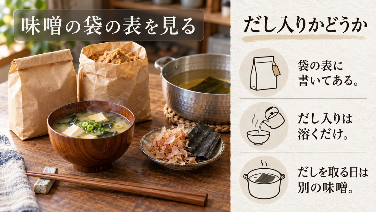 umami_labo's tweet photo. 味噌を買うとき、袋の表に「だし入り」と書いてあるか見てみてください。

だし入りの味噌には、かつおや昆布のだしが最初から混ぜてあります。だしを取らず、お湯に溶くだけで味噌汁になります。

自分でだしを取る日は、だしの入っていない味噌のほうが、取っただしの味がそのまま出ます。 https://t.co/W8GSL6X2OI