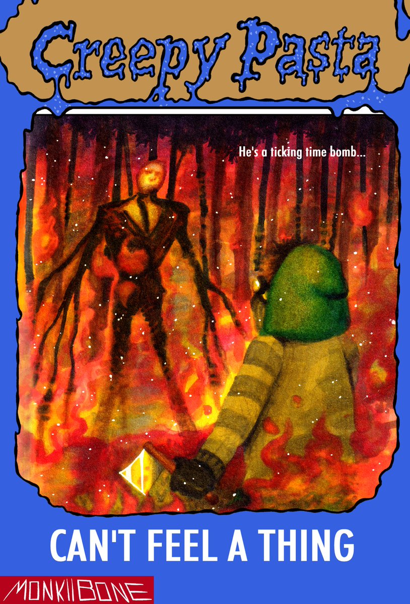 MonkiiBone's tweet photo. Creepypasta goosebumps cover series 

OK so this one MAY be a slight tonal shift and look more like a fucking elden souls borne fight- but GENUINELY this is how I imagined/remembered the climax of Ticci Toby looking

all in all, really happy with this one, plus slendys back! https://t.co/O1askV0nWr