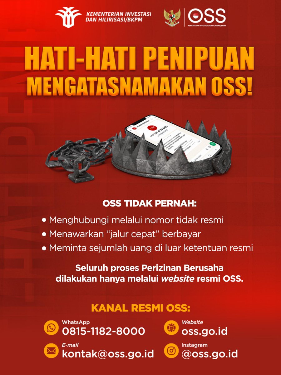 DPMPTSPTGalek's tweet photo. Hi, #temanbOSS!
π Waspada penipuan yang mengatasnamakan OSS! Proses Perizinan Berusaha hanya melalui https://t.co/rIinEDnePV.
Jangan percaya βjalur cepatβ berbayar atau permintaan uang. Cek informasi resmi melalui @oss.go.id.
#OSS
#OSSIndonesia
Source : @o https://t.co/cqDk7JEjJB