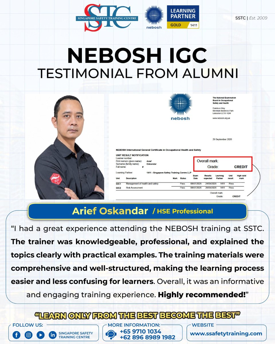 ssafetyraining's tweet photo. Testimonial Bapak Arief Iskandar (HSE Professional) yang sudah mengikuti ujian NEBOSH IGC bersama SSTC dan mendapatkan nilai tinggi Credit!!

Learn only from the best, Become the best!!

Hubungi kami di
Wa: +62 896-8989-1982

#SSTC #NEBOSHIGC #SafetyTraining #HSE #K3 #Safety https://t.co/hefchofrmZ